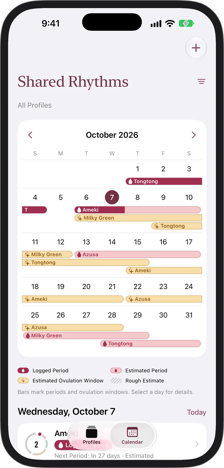 The shared calendar, with colored bars for each profile