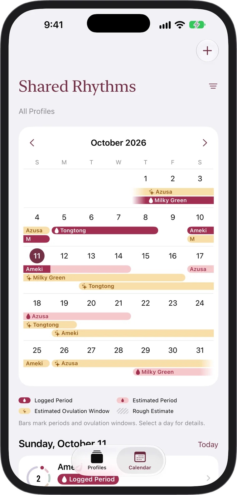 The shared calendar, with colored bars for each profile
