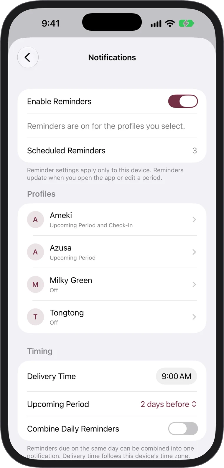 Reminder settings for each profile