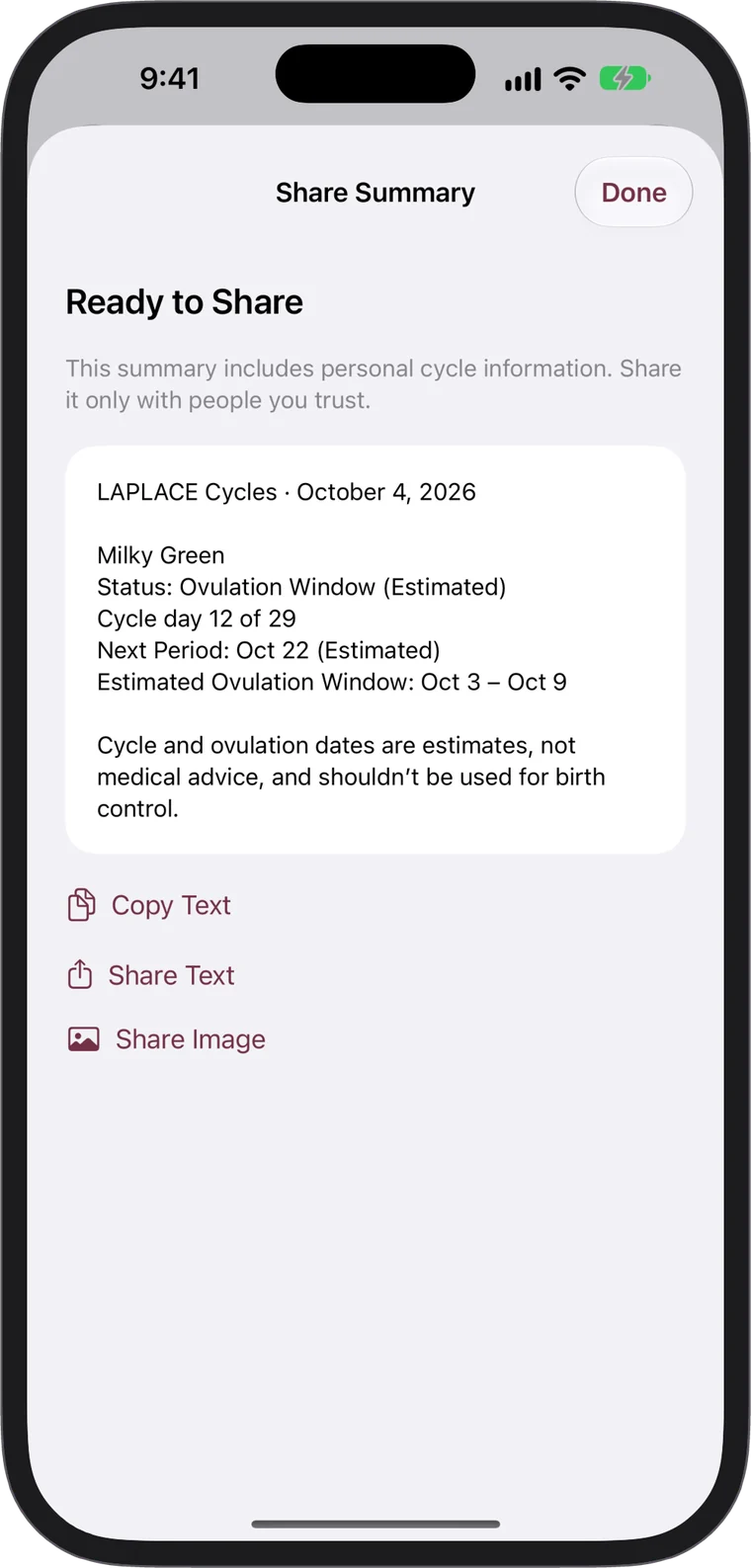 A cycle summary ready to copy or share