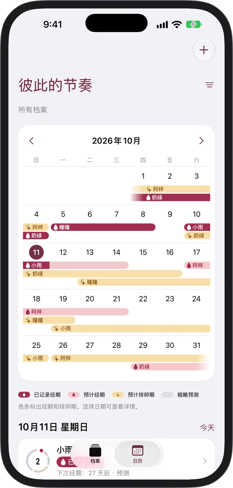 以色条标出每个档案的共享日历