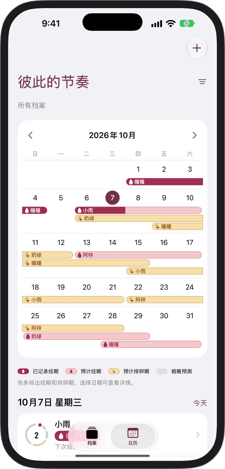 以色条标出每个档案的共享日历