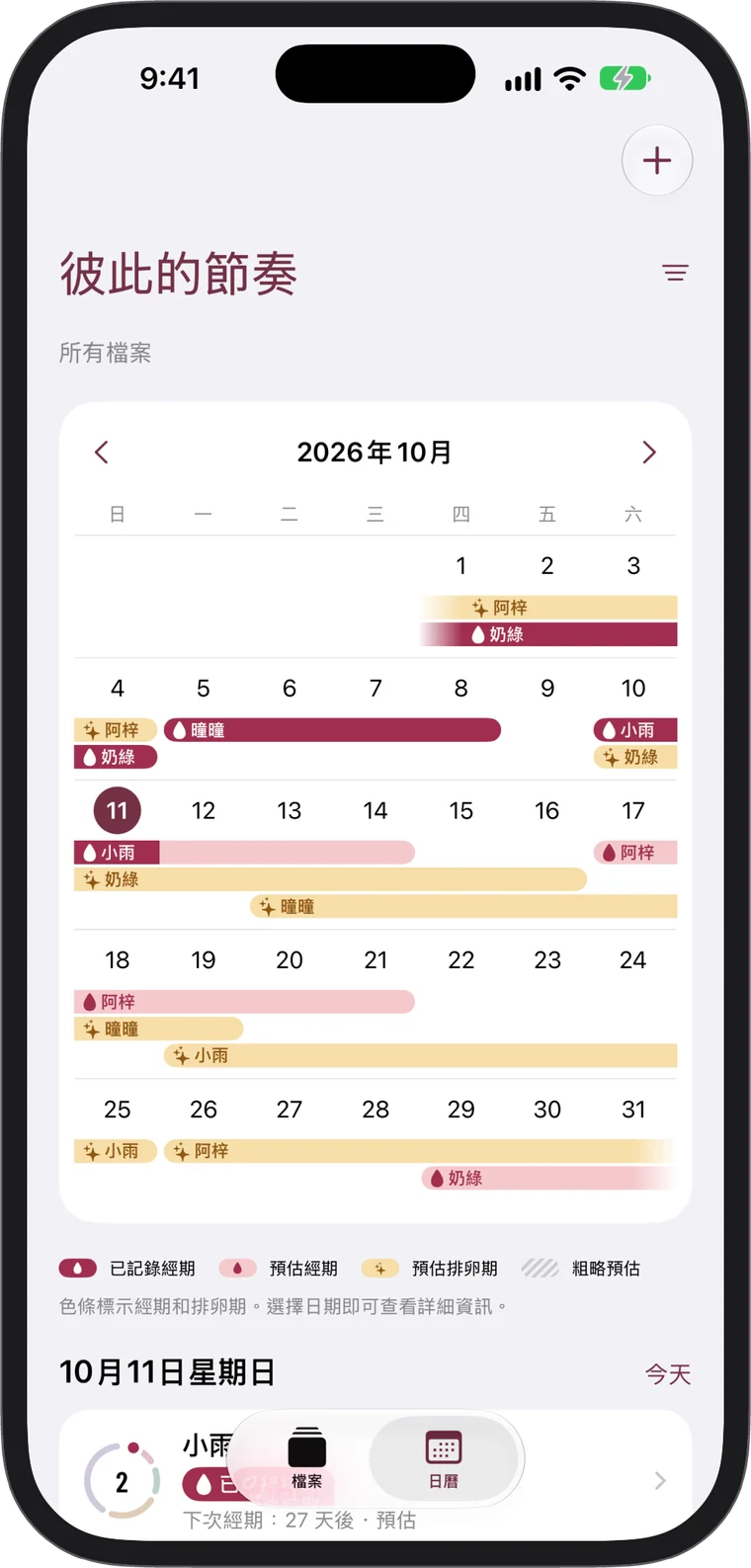 以色條標示每個檔案的共用日曆