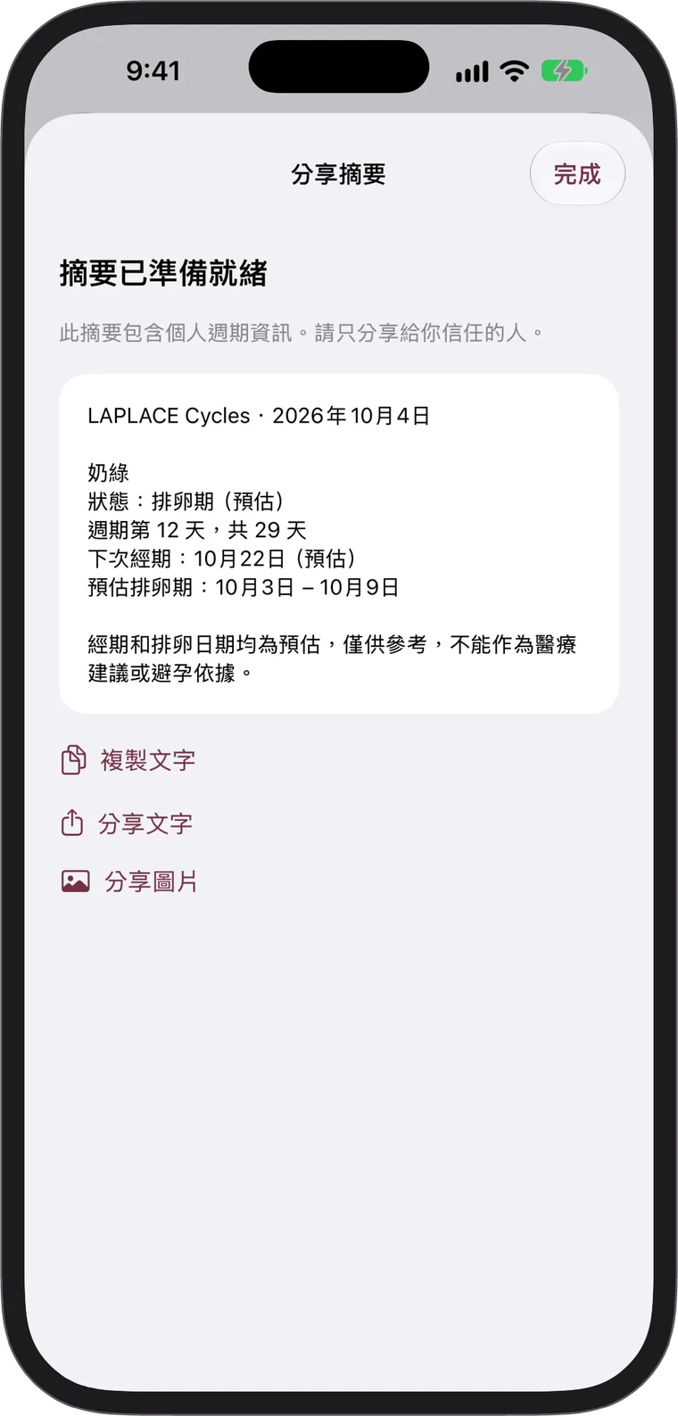 可複製或分享的週期摘要